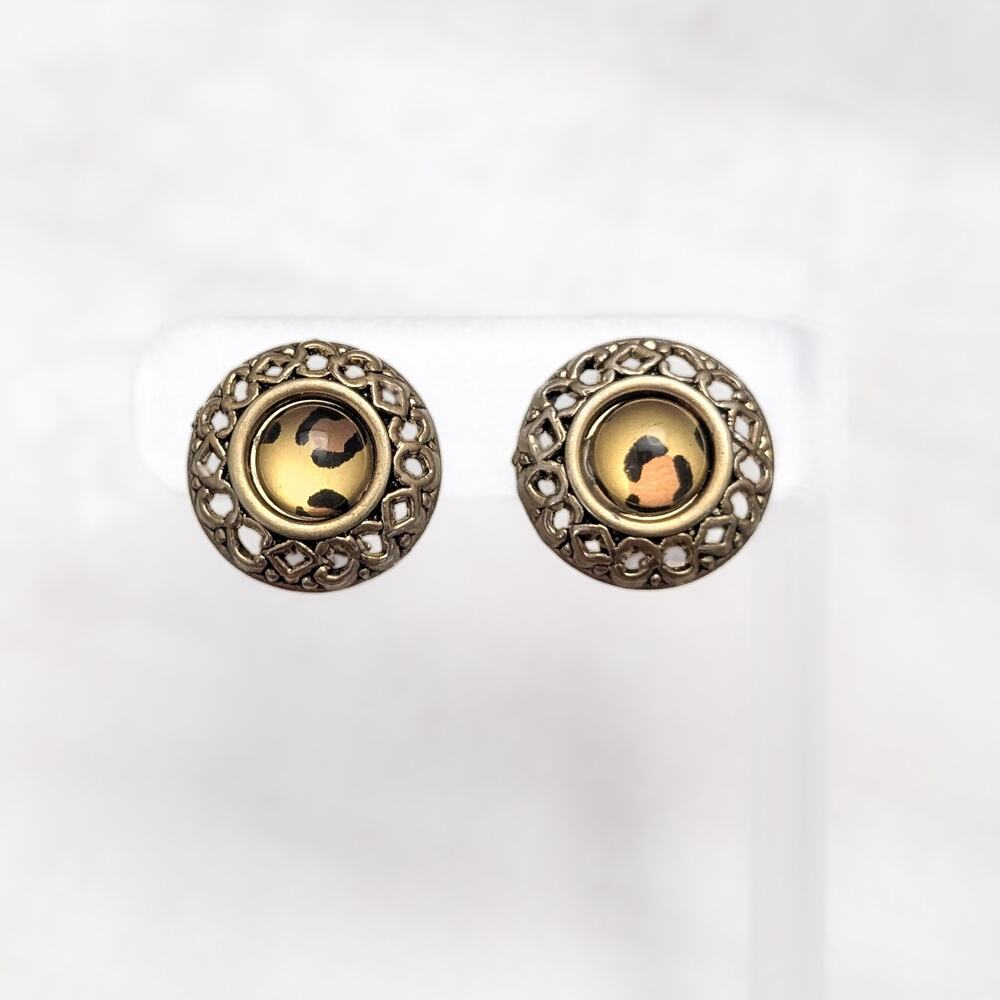 Vintage Clip On Earrings Dark Gold Tone Animal Print Center 7/8"